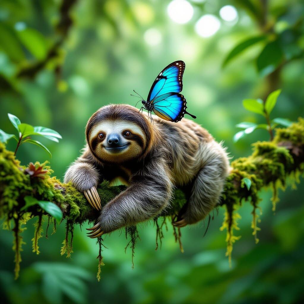 Sloth in Rainforest Canopy with Butterfly