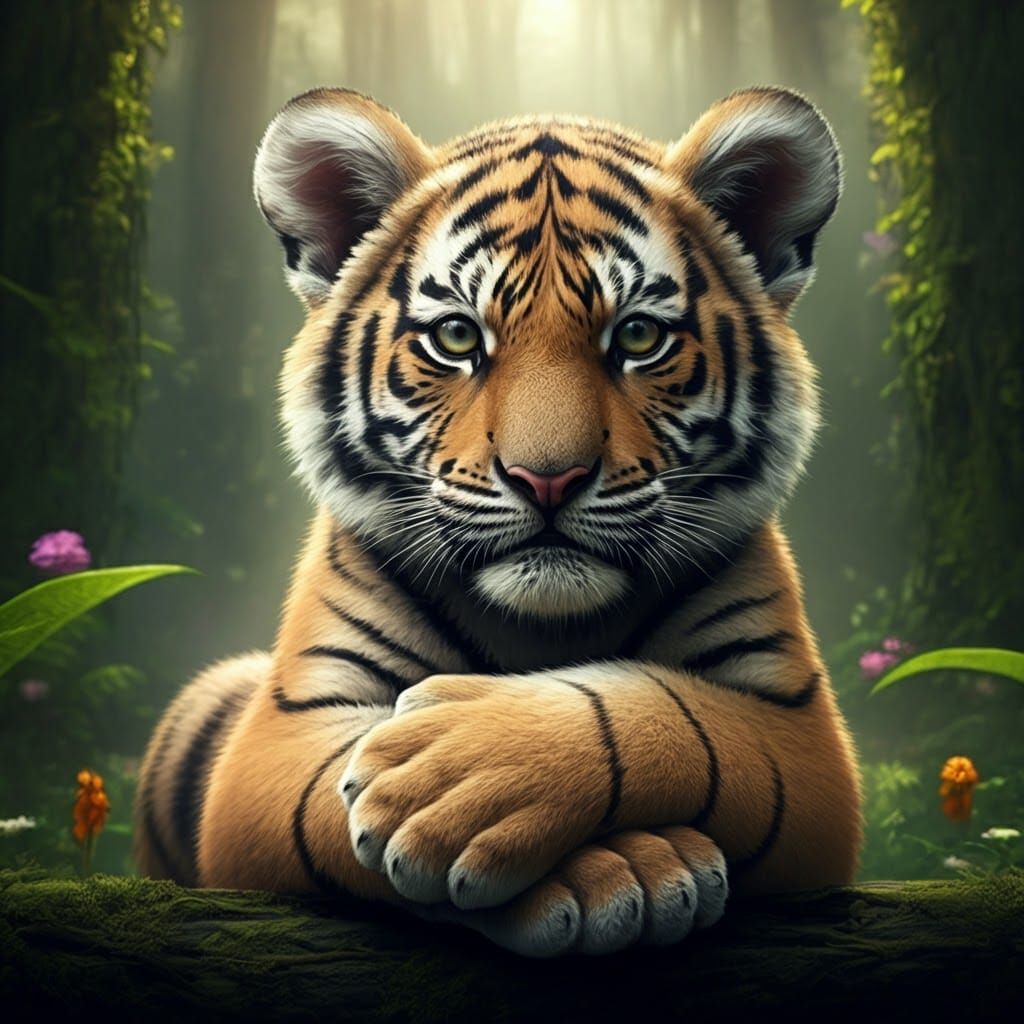 Contemplative Baby Tiger in Lush Forest