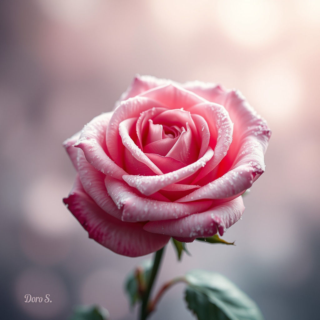 Frozen Pink Rose with Gray-Pink Bokeh Background