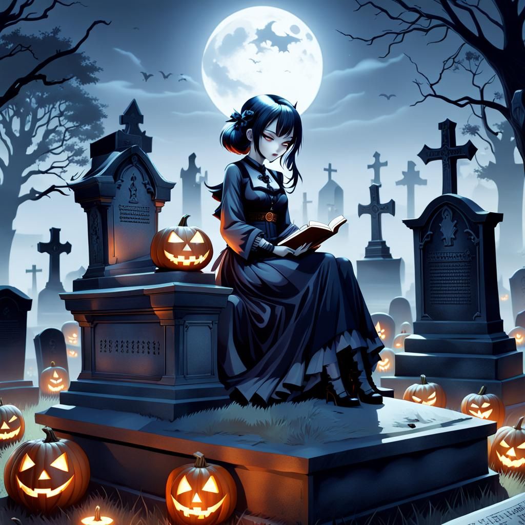 Ethereal Goth Girl in Graveyard: Anime-Inspired Digital Art