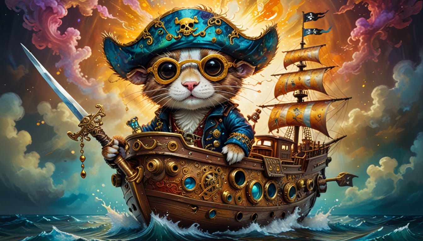 Kaleidoscope Boombox Pirate Ship in Surrealist Painting