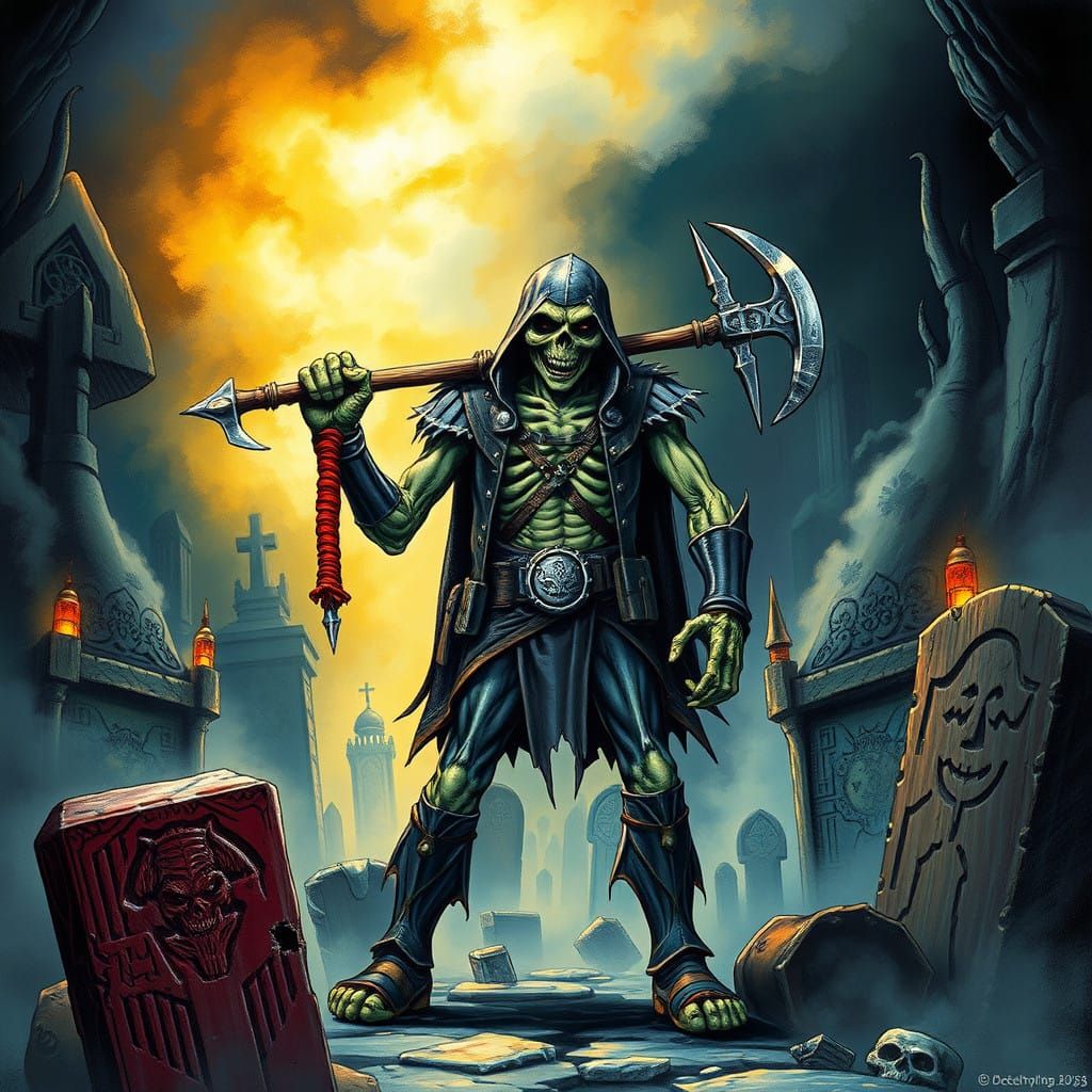 Eddie: Dark Fantasy Mascot in Ancient Tombstone Realm