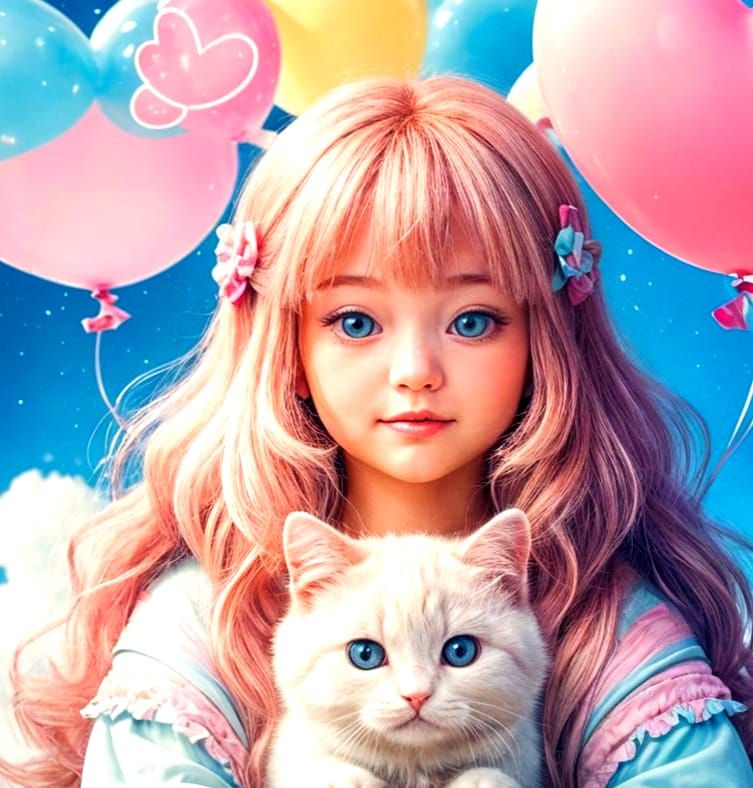 Kawaii Cloud Character with Kitten in Dreamy Sky