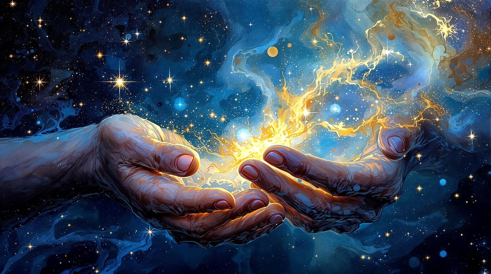 Hands Cradle Nebula in Dreamlike Impasto Painting