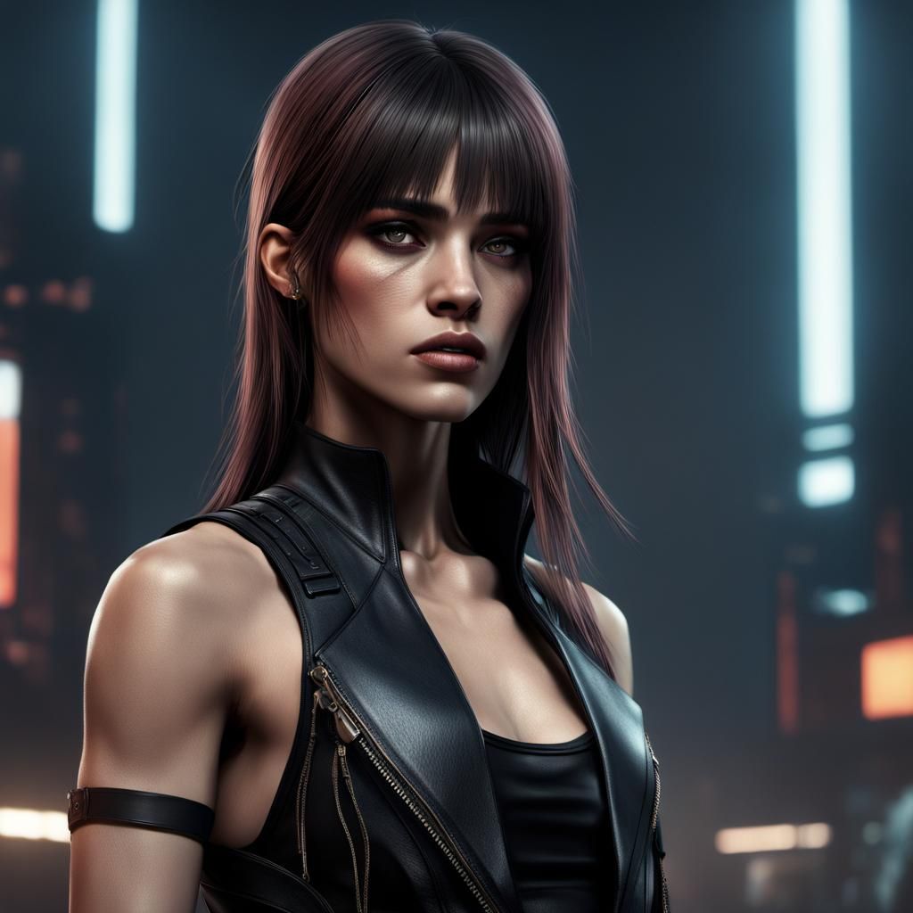 Young girl, tall, thin, athletic, sassy, discontented, looks like Sofia Boutella, sharp thin facial features, brown long...