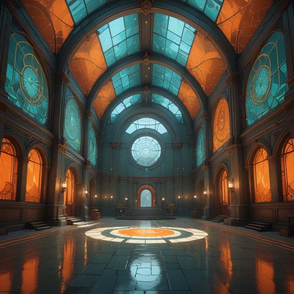 Surreal Chamber with Geometric Patterns in Orange and Teal