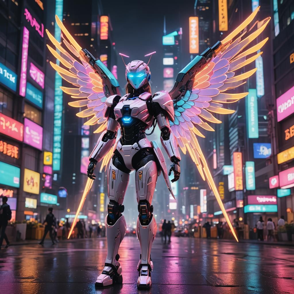 Robot Angel in Neon Cityscape: 3D Anime Art