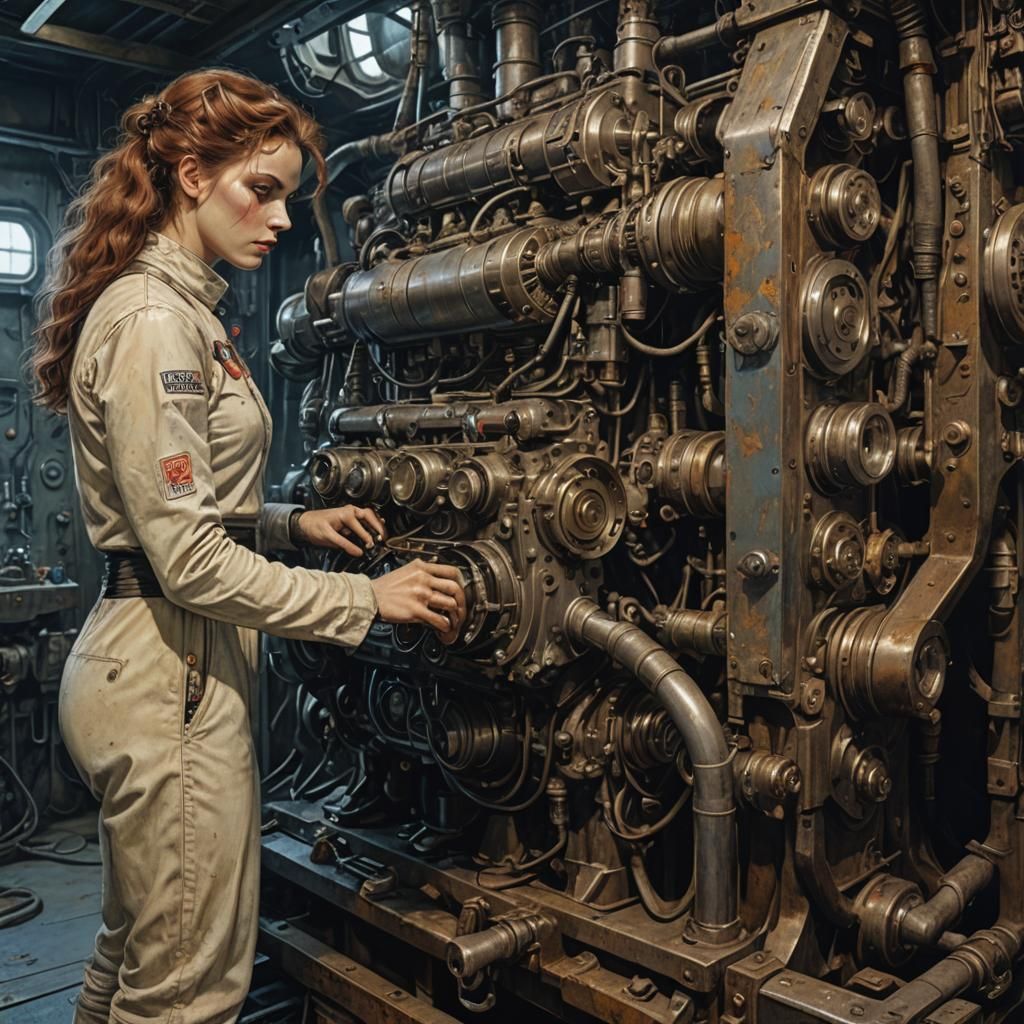 Cyborg Mechanic Amidst Futuristic Starship