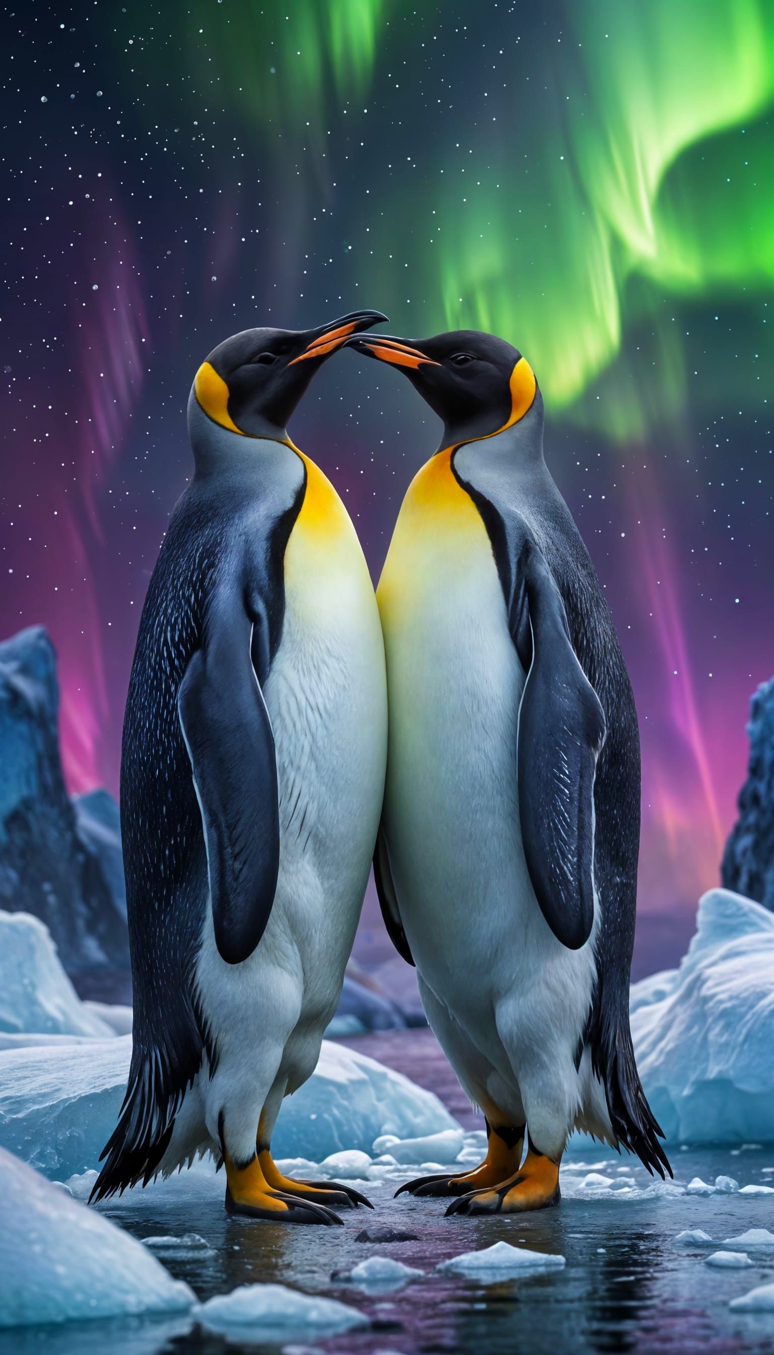 Penguins Watch Vibrant Aurora Over Arctic Iceberg