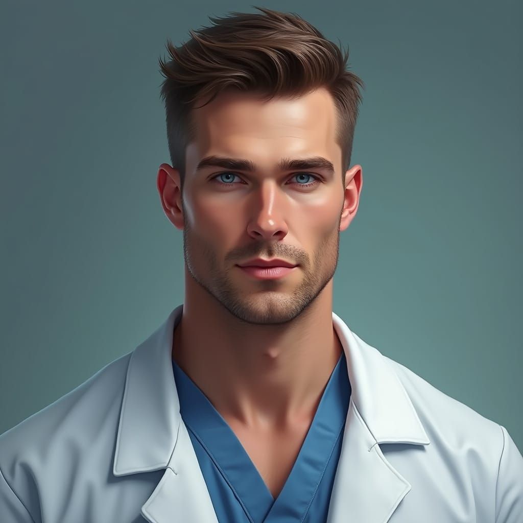Hyperrealistic Portrait of a Young Doctor in Lab Coat