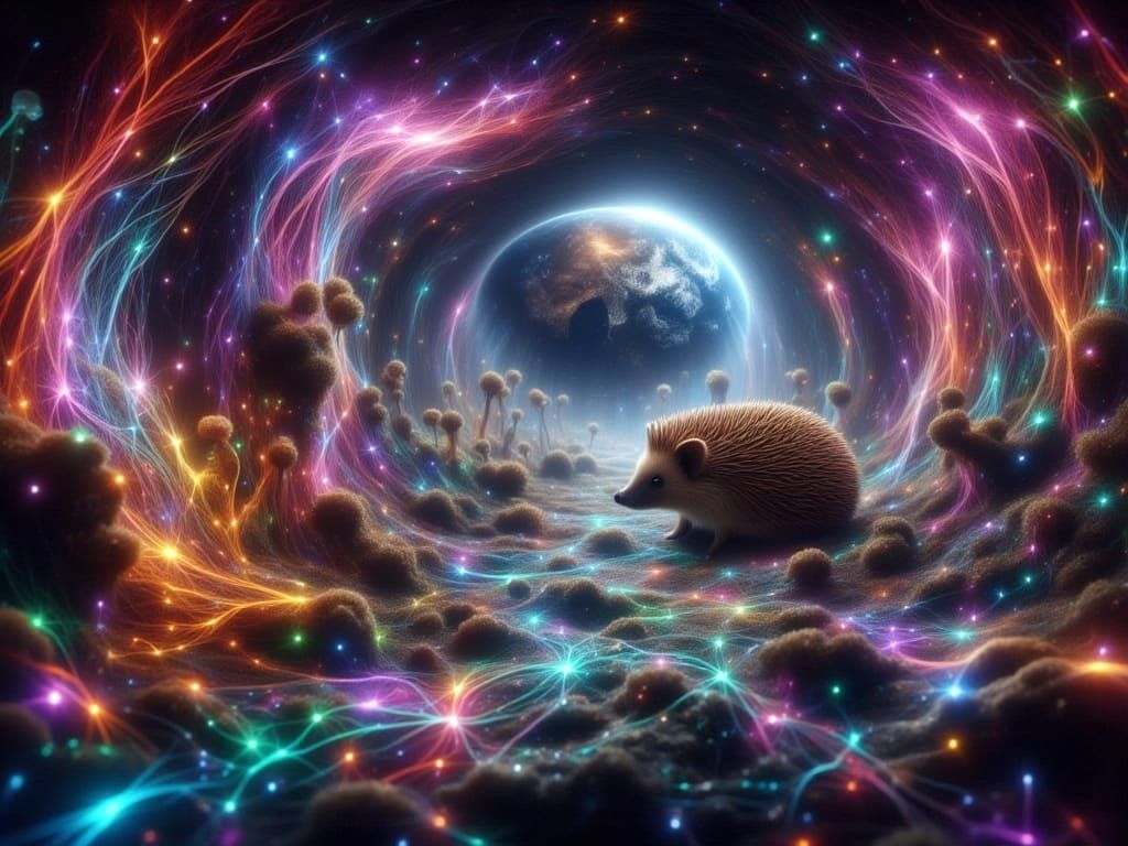 Hedgehog's Journey Through a Bioluminescent Mycelial Network