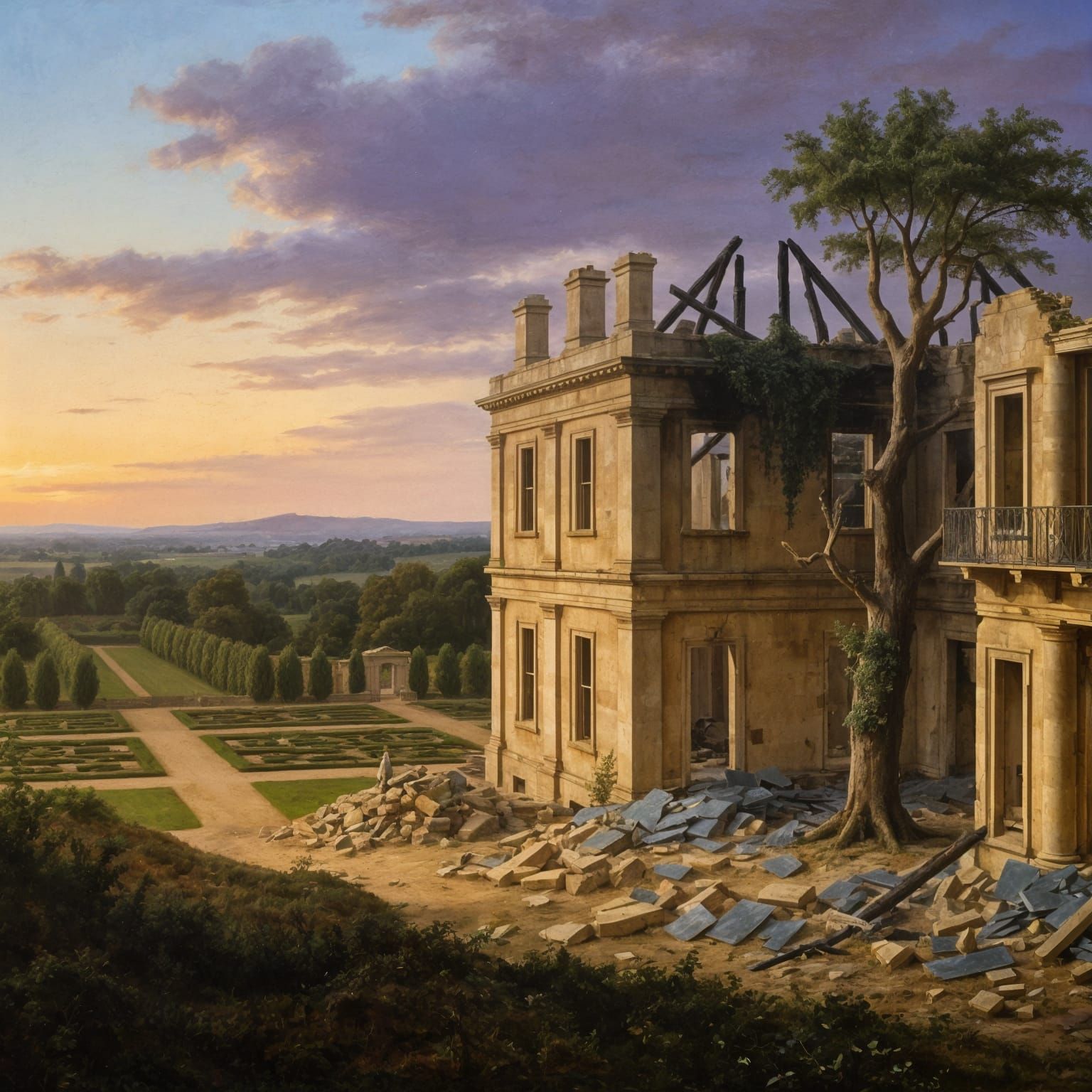 Romantic Landscape Painting of a Decaying Georgian Manor
