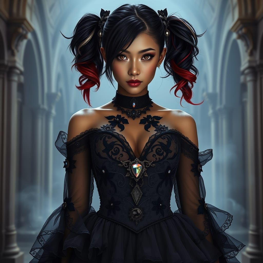 Macanese Woman in Gothic Chamber, Photorealistic Style