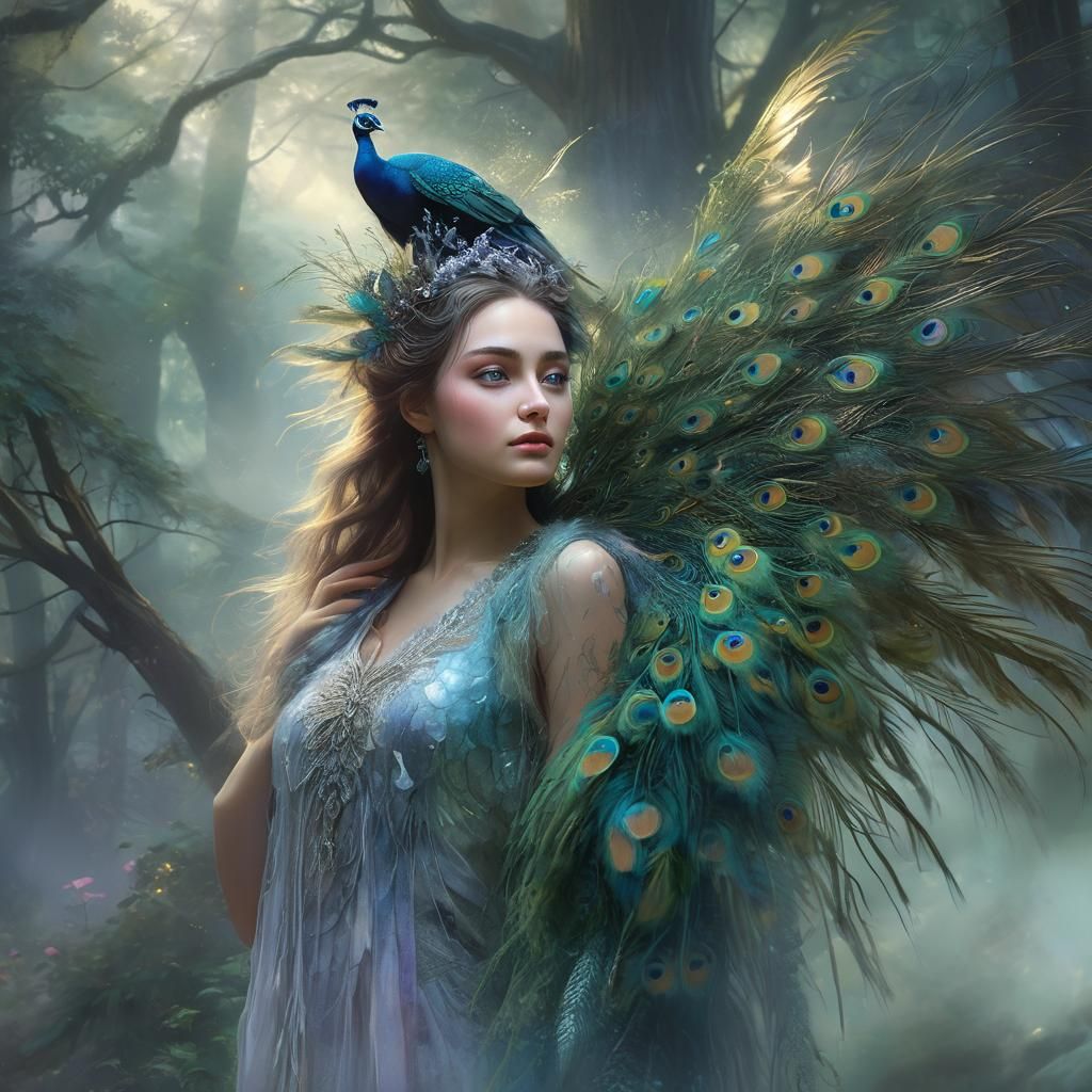 Peacock-Human Hybrid in Misty Forest: Watercolor Art