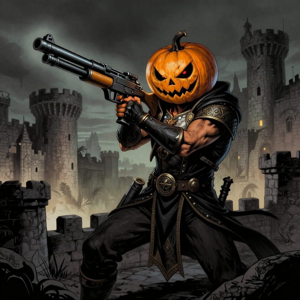 Pumpkin Head Man with Machine Gun on Castle Grounds
