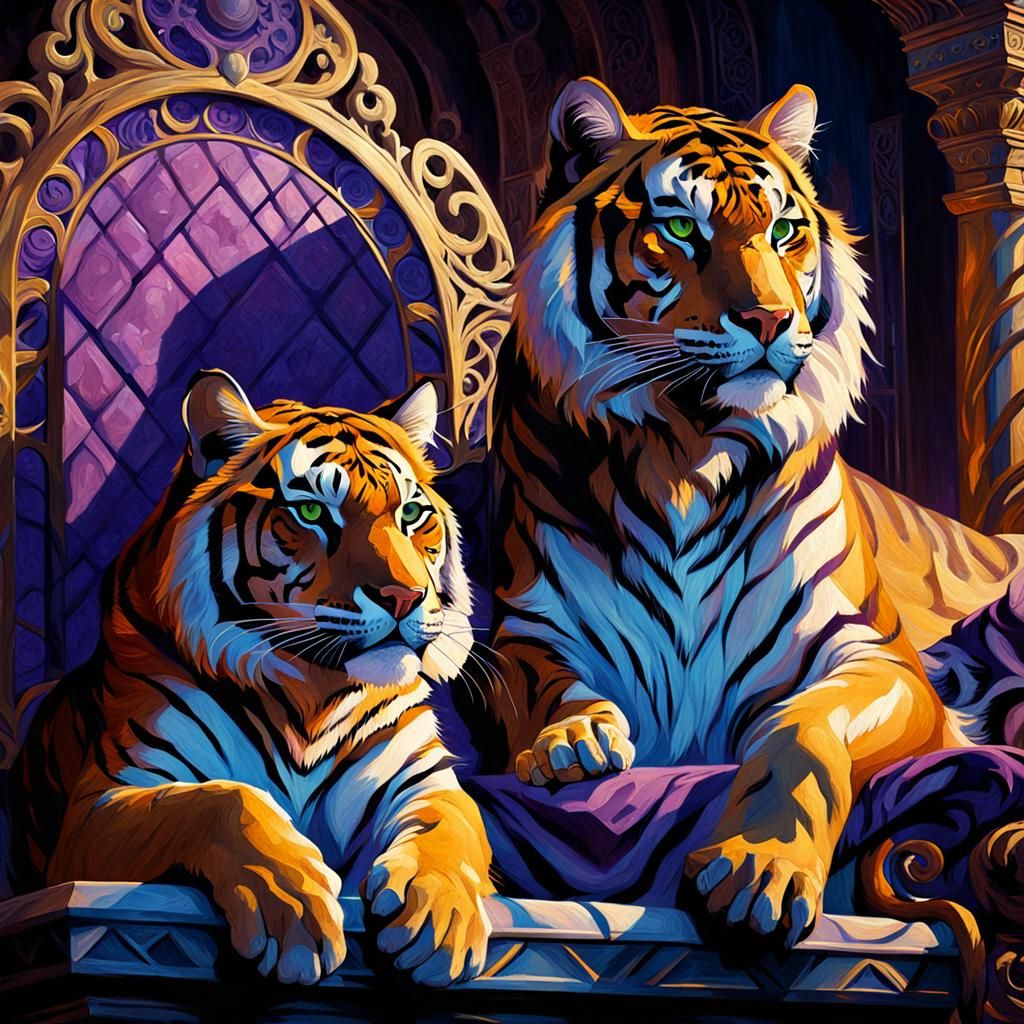 Tiger and Cat on Throne: Dark Fantasy Oil Painting