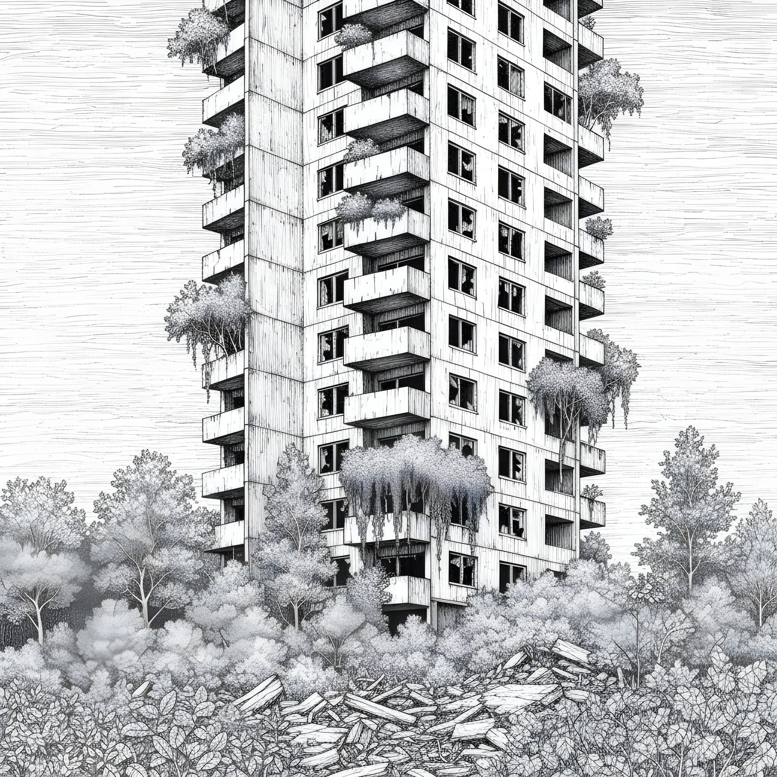 Abandoned Brutalist Tower Reclaimed by Nature Drawing