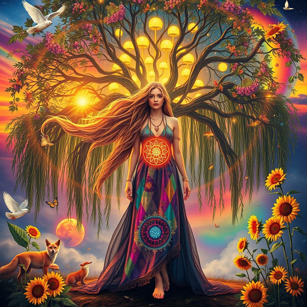 Bohemian Priestess in Psychedelic Dreamscape with Spirit Ani...