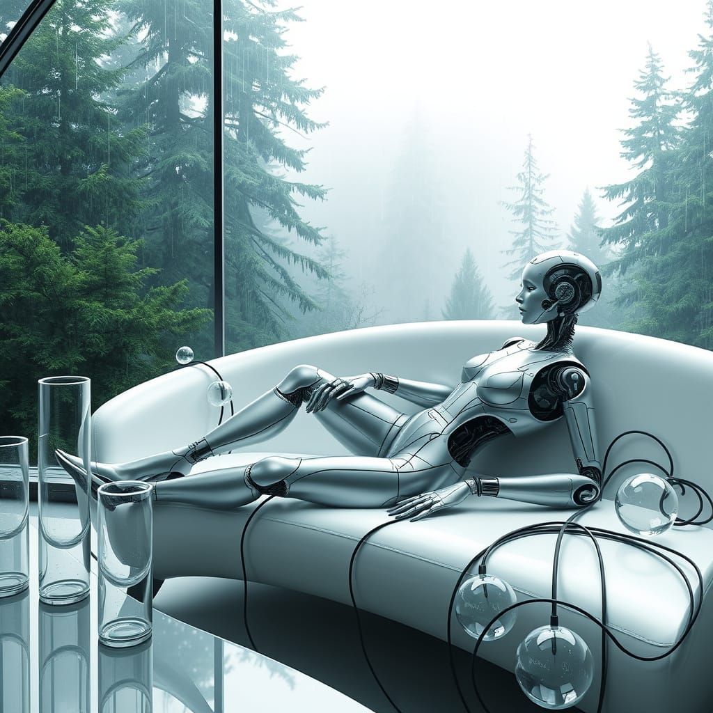 Sleek Robot Goddess Amidst Cyberpunk Forest