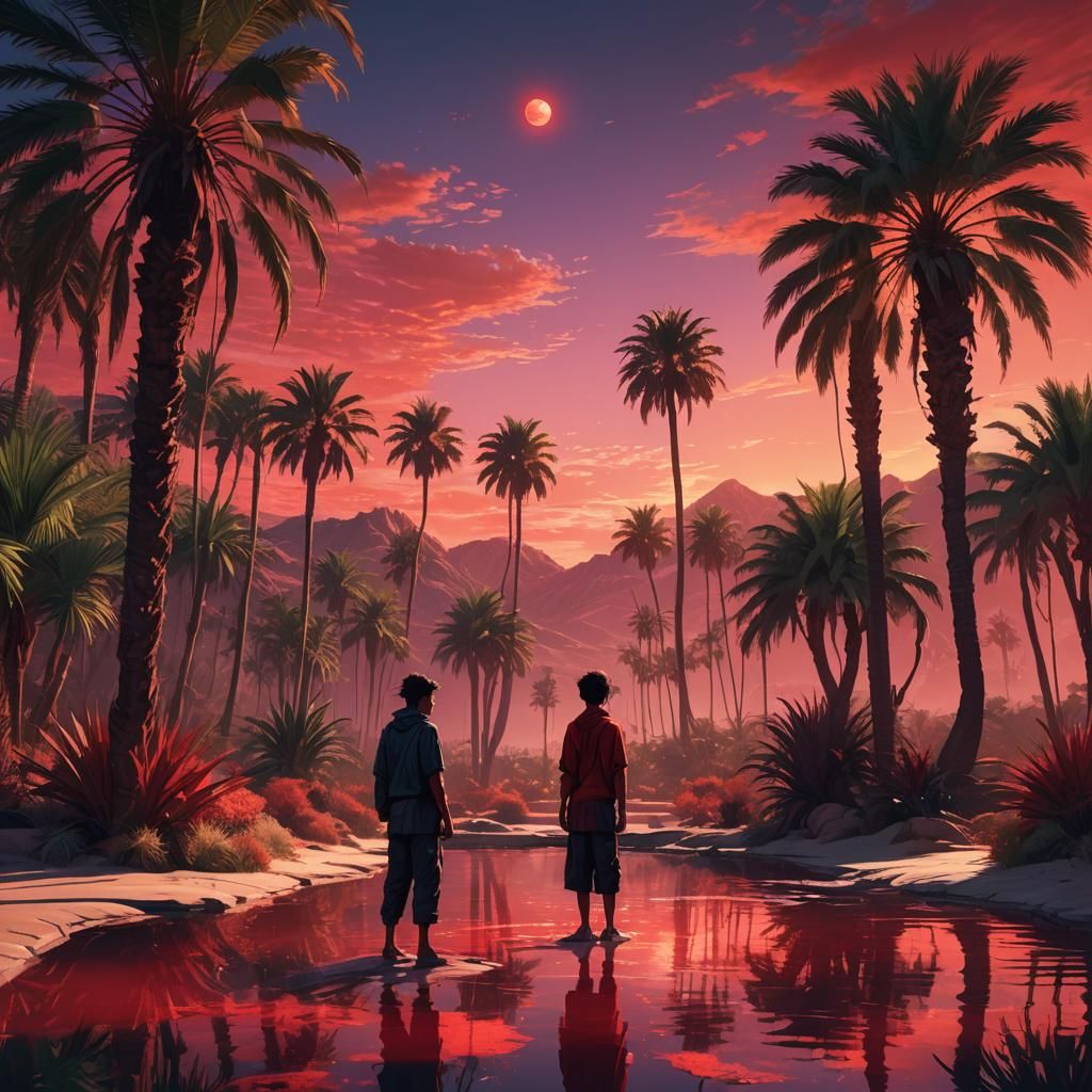 Desert Oasis Figure in Red Light: Hyperrealistic Digital Art