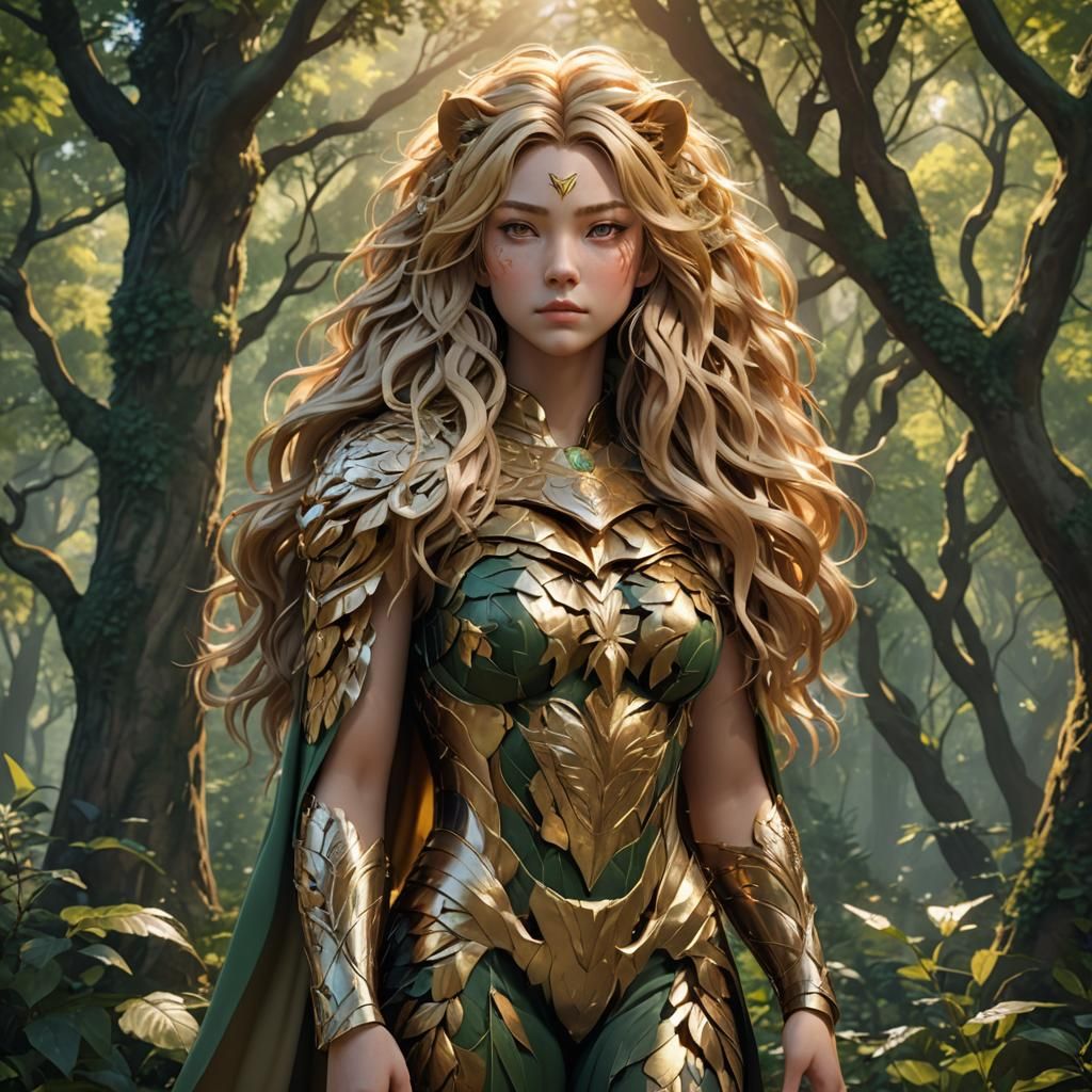 Woman with Lion Features in Mythical Forest