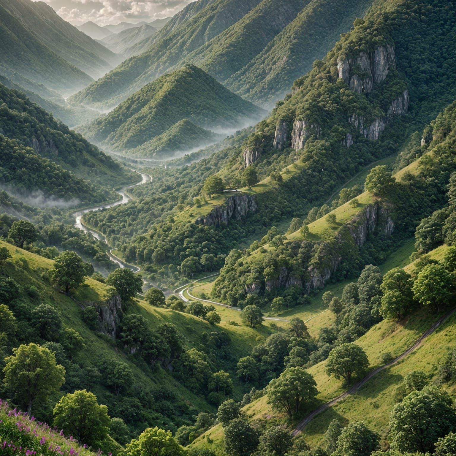Lush Rolling Hills and Mountain Landscape