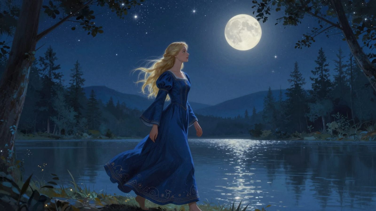Maid Beside Forest Lake Under Starry Night Sky