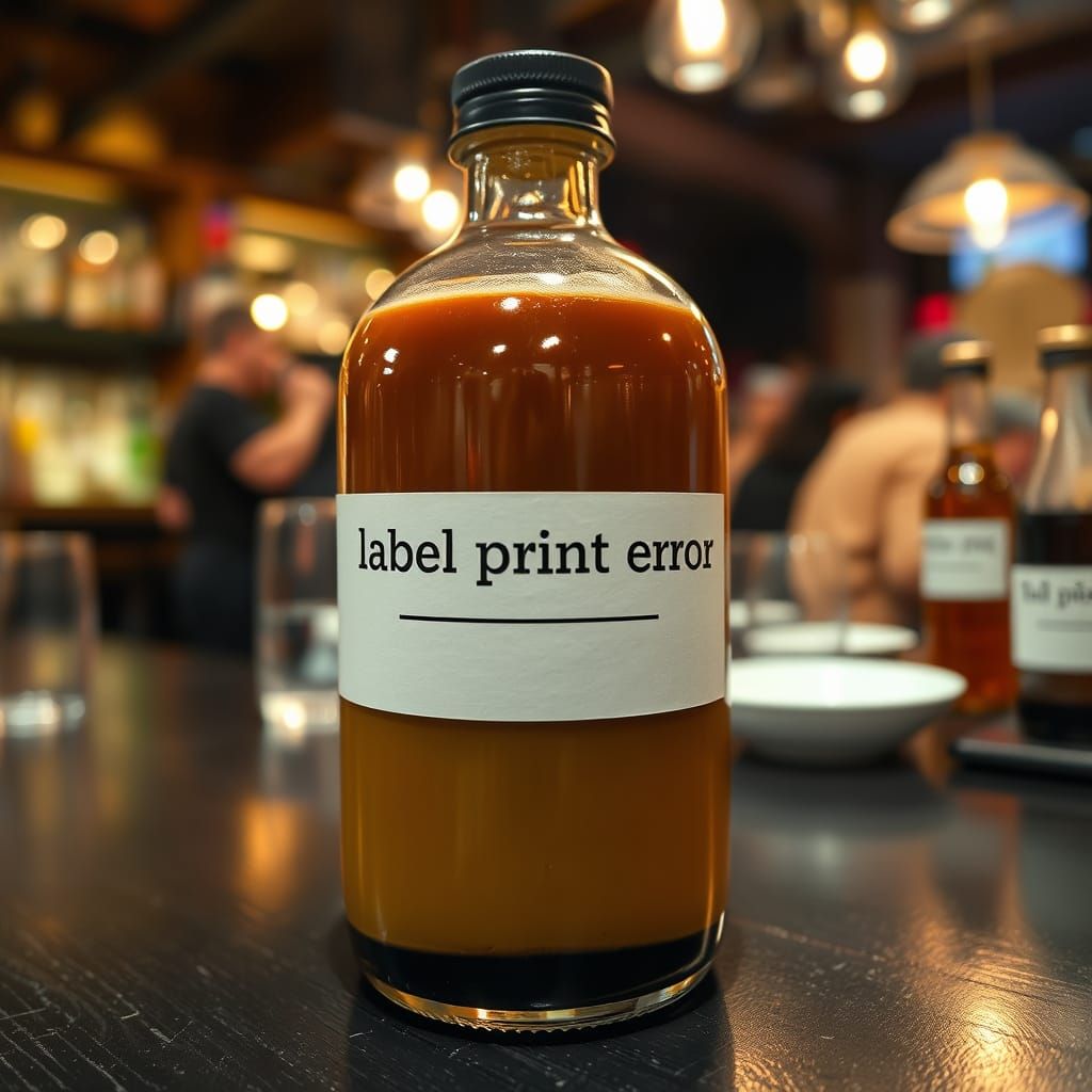 Coffee Bottle with Error Message on Dark Wooden Table