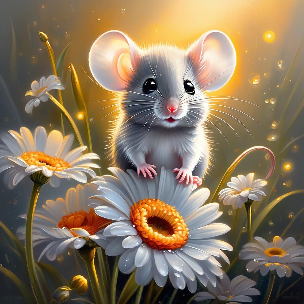 Baby Mouse on Gerbera in Dew, Oil Painting