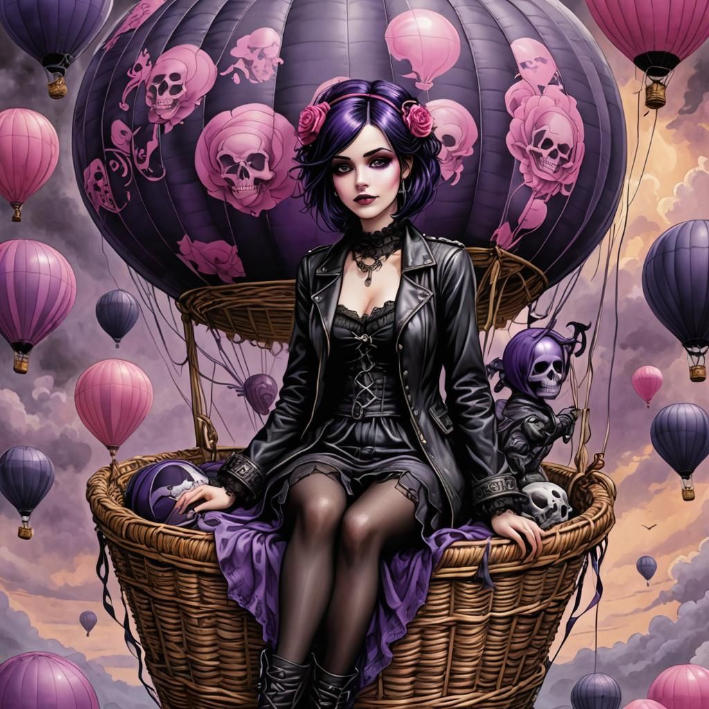 Goth Woman in Skull Hot Air Balloon