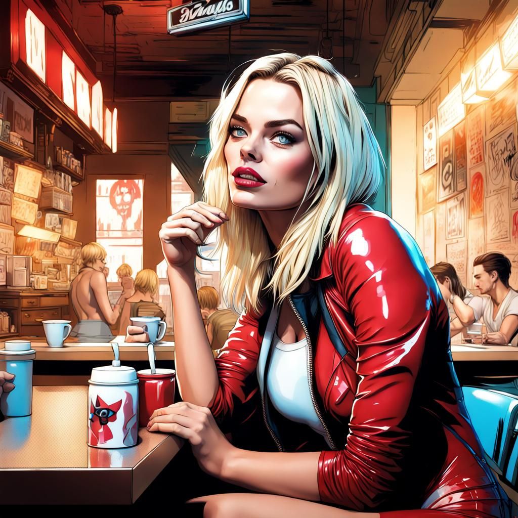 Margot Robbie in a manga cafe