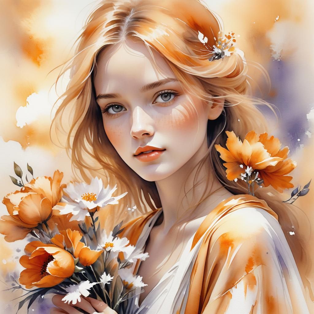 Monochromatic Watercolor Portrait of Girl in Orange