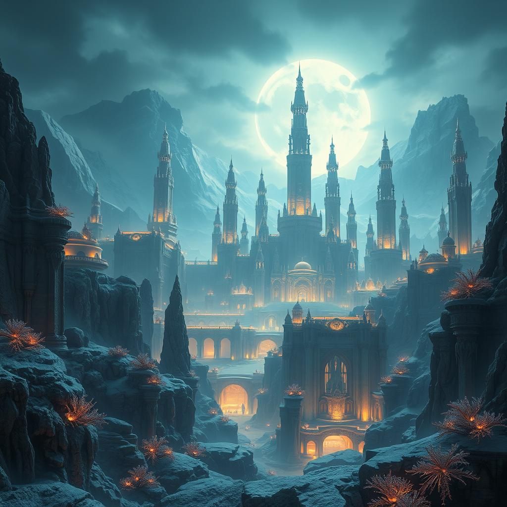 Mystical City Beneath Antarctic Ice: Bioluminescent Flora