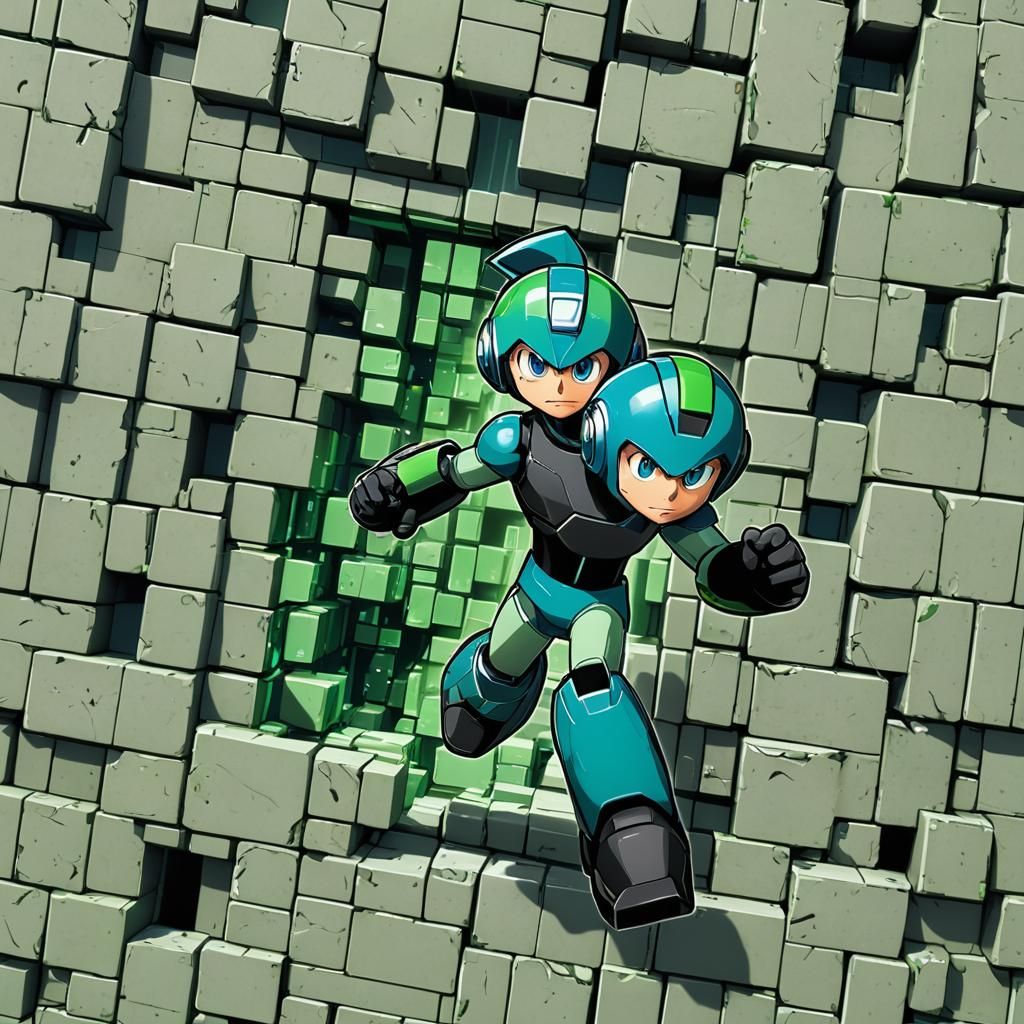 Mega Man Escapes Data Wall Glitch in 3D Render