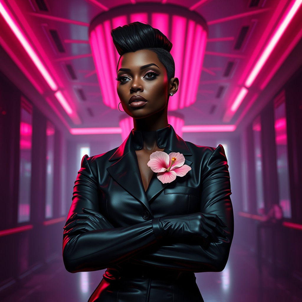 Cyberpunk Butler in Pink Lit Lobby