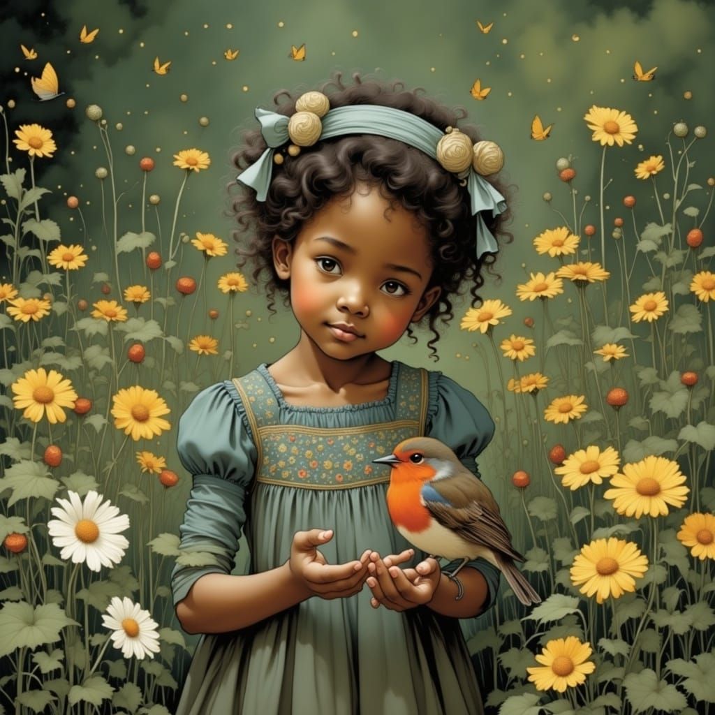 Whimsical Black Toddler Girl Holds a Robbin in a Vibrant Gar...