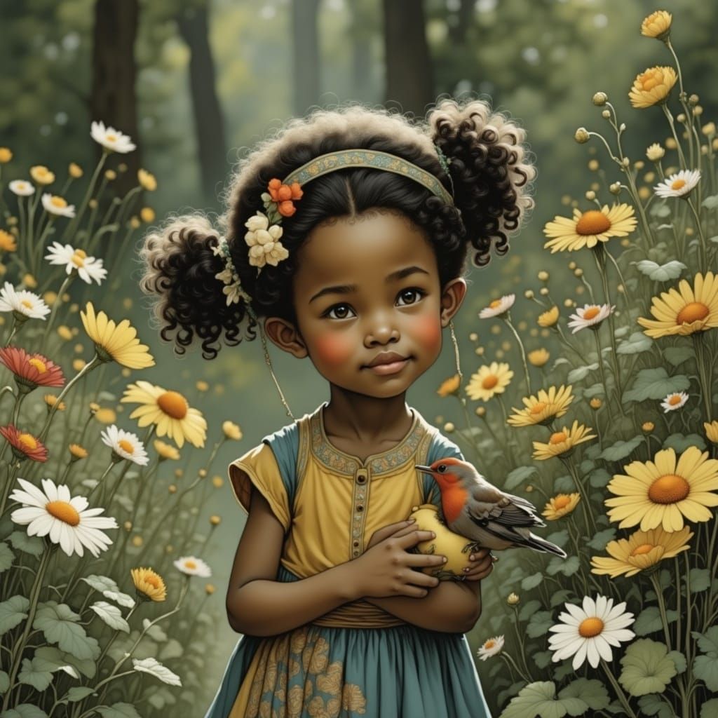 Vibrant Whimsy: A Chubby-Cheeked Black Toddler Girl Cradles...