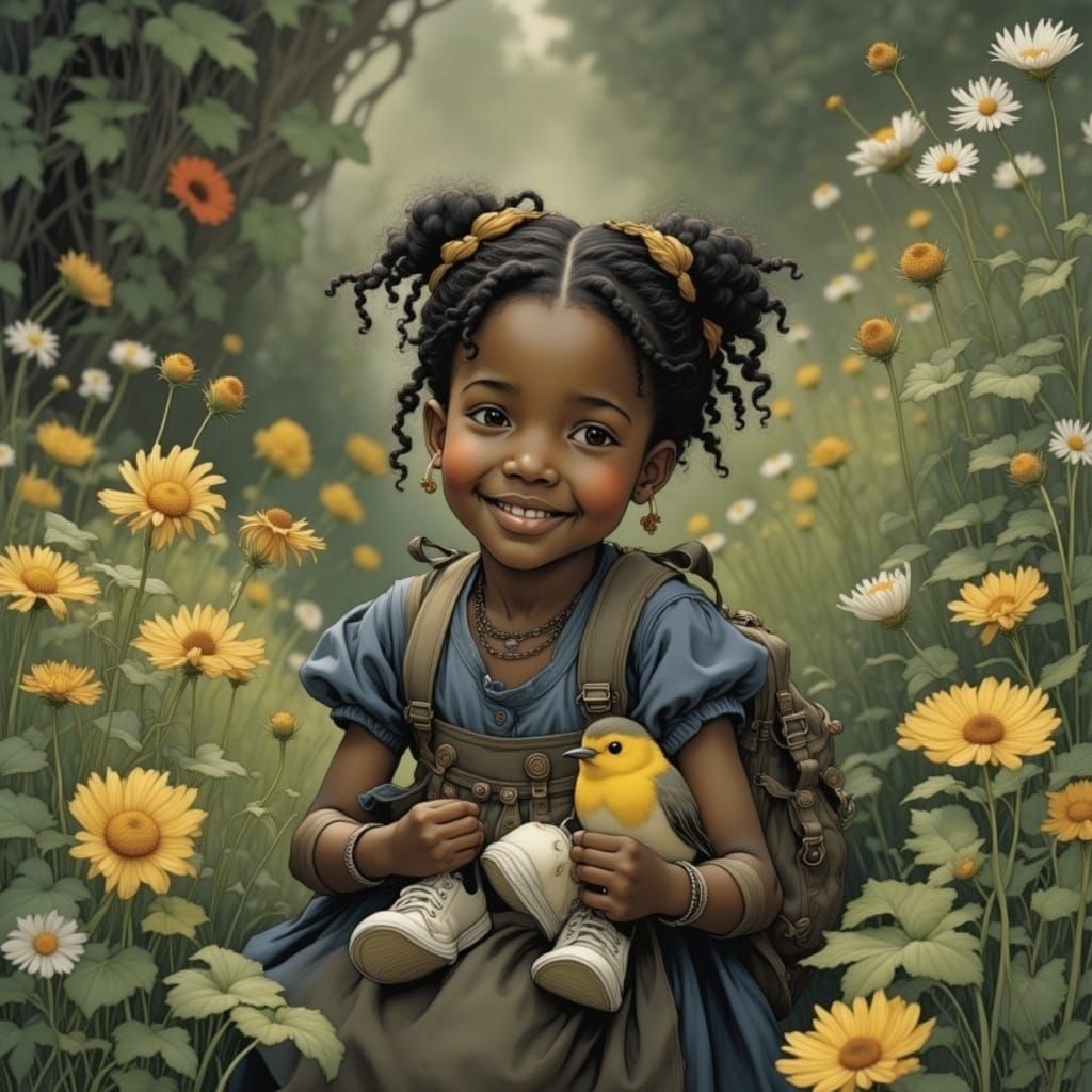 Whimsical Toddler Girl Holds a Robin in a Vibrant Garden