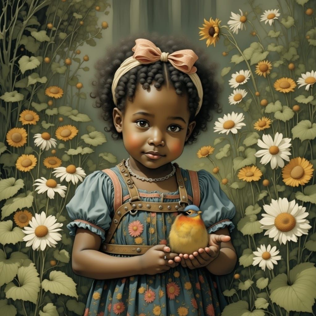 Whimsical Toddler Girl Presents a Gift to a Robin in a Vibra...