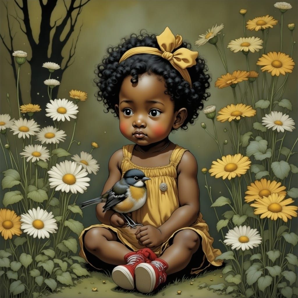 Toddler Girl Gently Holds Robin in Garden, Folk Art Style