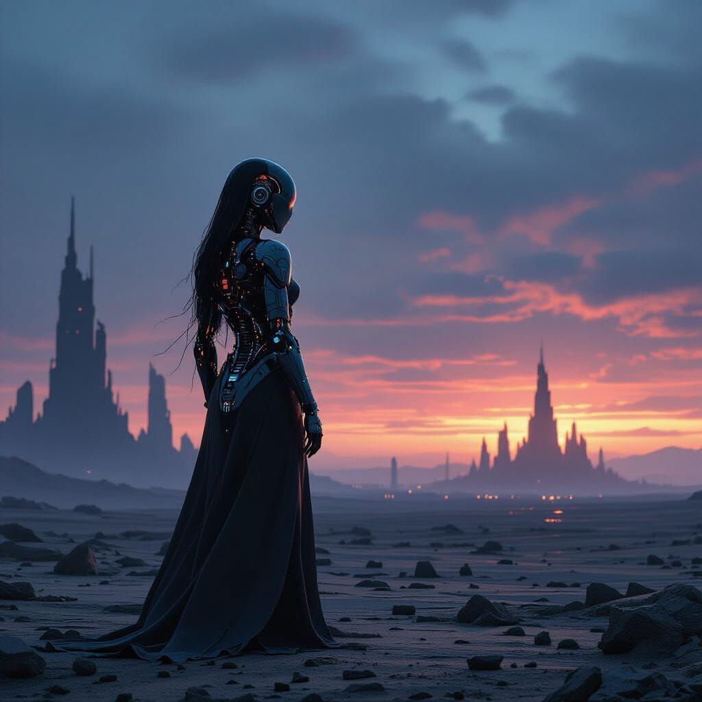 Solitary Android Woman in Post-Apocalyptic Landscape