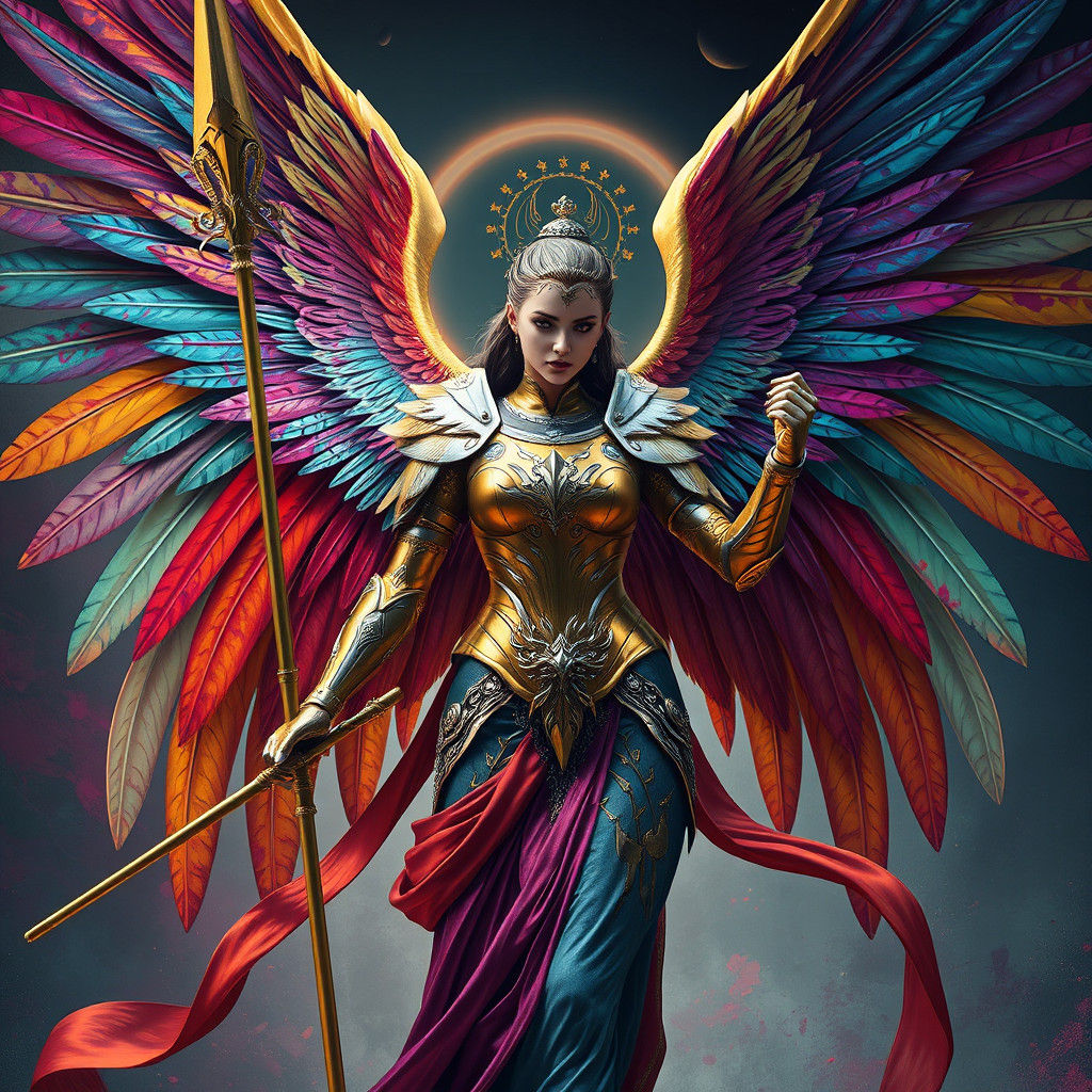 Armored Angel with Rainbow Wings in Fantasy Art Style