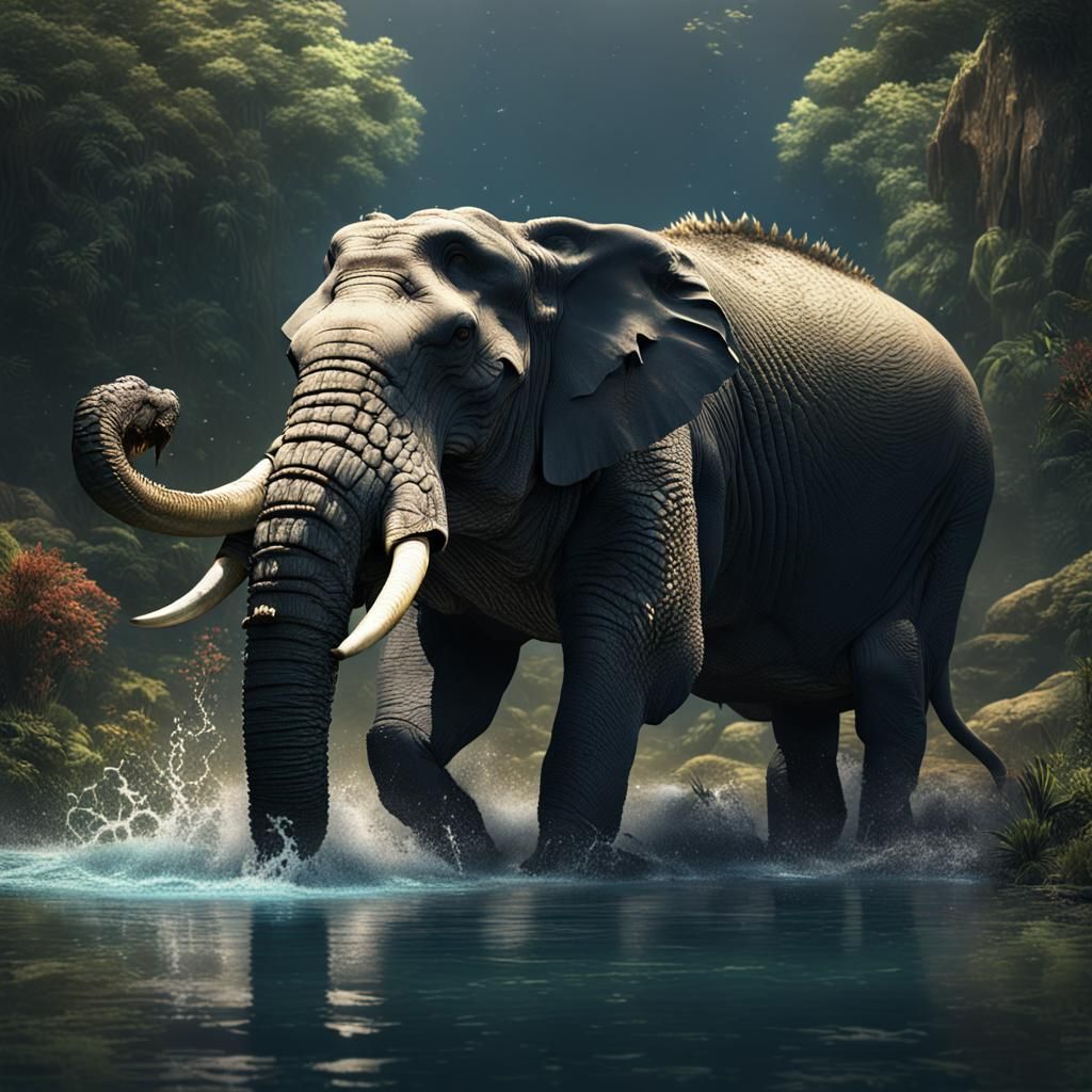 Crocodile and Elephant Struggle: Dramatic Matte Painting