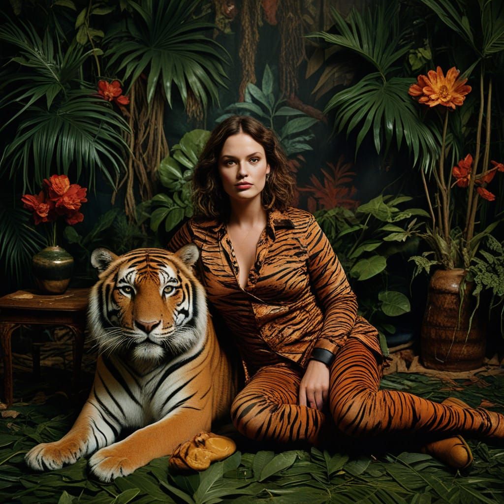 Confident Woman Embraces Tiger in Jungle Opulence
