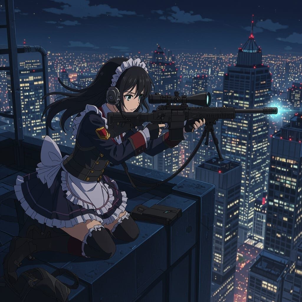 Cinematic Anime Battle Maid Sniper on Skyscraper