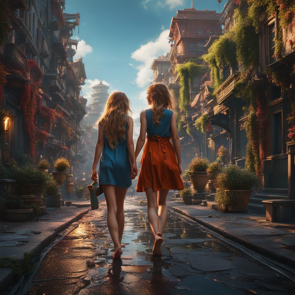 Two Barefoot Girls Walking in City, Digital Art