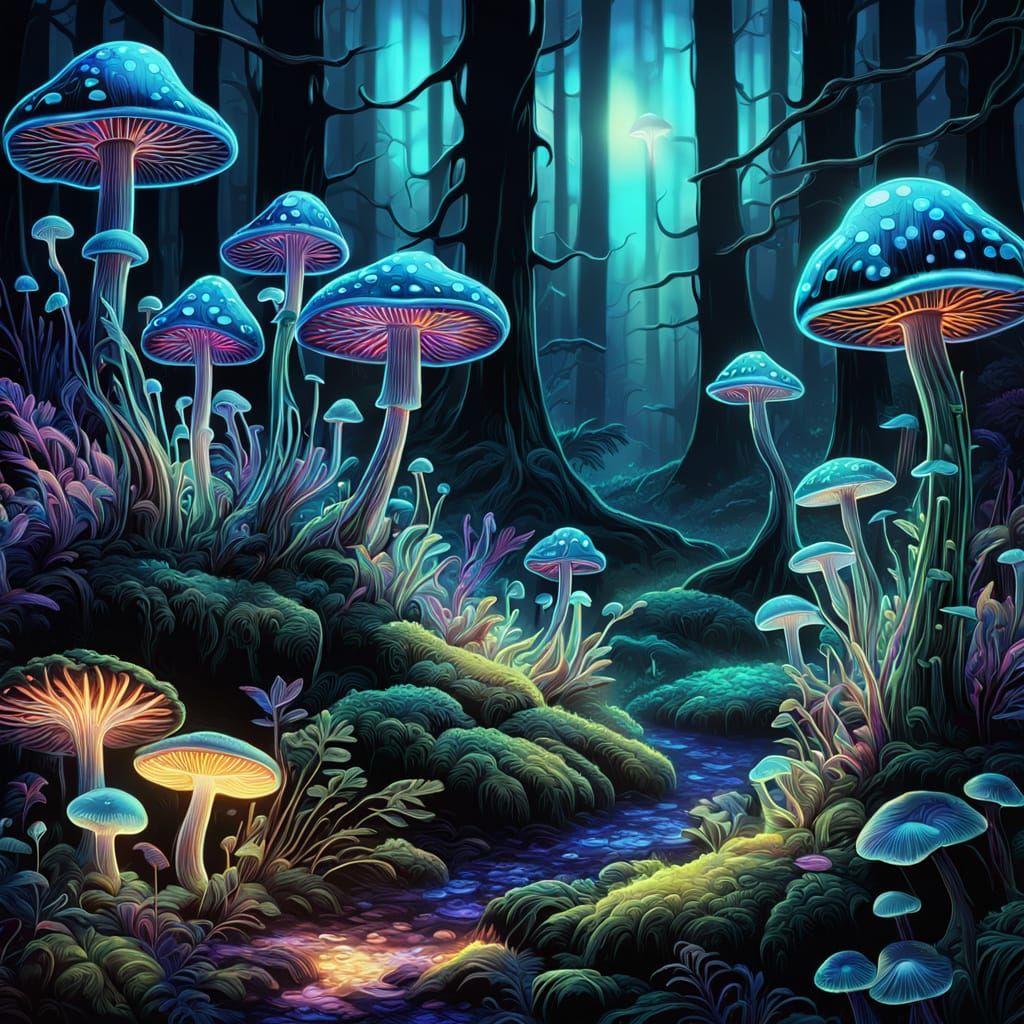 Ethereal Bioluminescent Forest Scene in Cosmic Digital Paint...