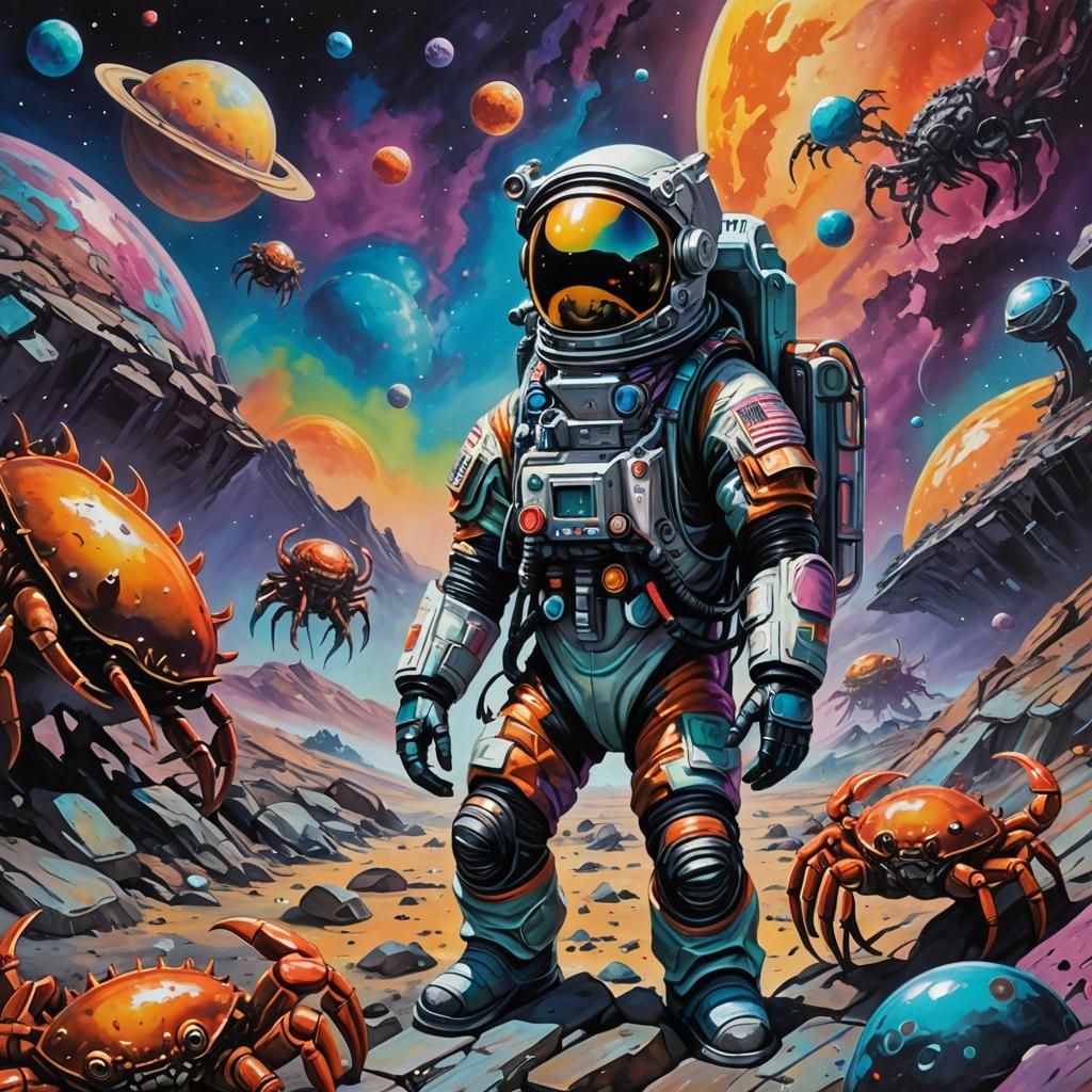 Astronaut and Crab Aliens in Sci-Fi Graffiti Art