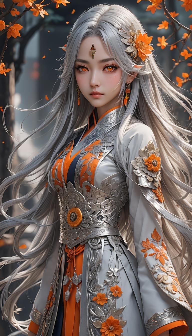 Beautiful Woman with Silver Hair in Tang Zhuang Clothing