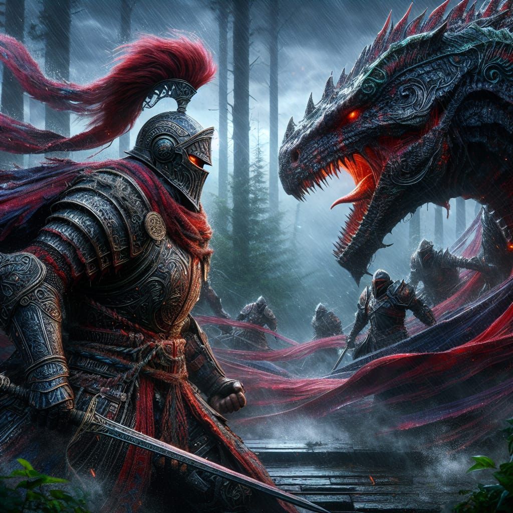 Fantastical Knight Confronts Basilisk in Turbulent Stormy Fo...